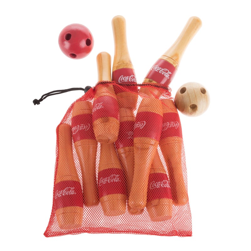 Coca-Cola Coca Cola Bowling Set â€“ Indoor and Outdoor Bowling Game for Adults and Kids â€“ 10 Wooden Pins, 2 Balls, and Mesh Carrying Bag by Hey Play (Red) - Image 2